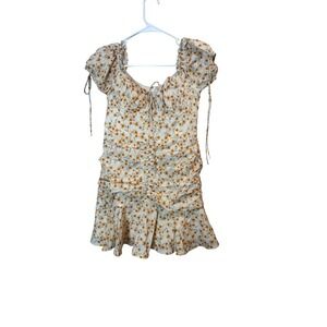 KISS THE SKY Dress‎ Womens Medium White Floral Puff Sleeve Ruched Ruffle Mini